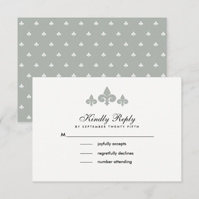 Fleur de lis Gris Blanc Mariage RSVP Cartes (Devant / Derrière)