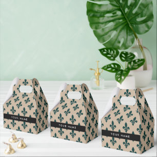 Fleur de Lis, Grün auf Beige, Royal, Ihr Name Geschenkschachtel