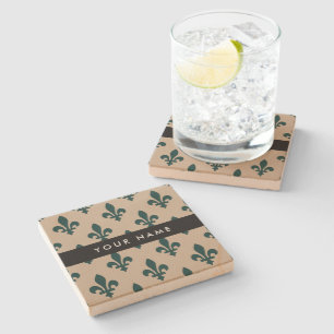 Fleur de Lis, Grün auf Beige, Royal, Ihr Name Steinuntersetzer