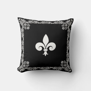 Fleur de Lis in Weiß & Rahmen auf Schwarz Kissen