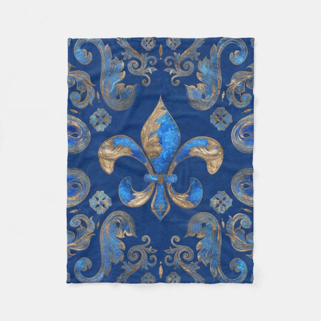 Fleur-de-lis Luxus-Ornament - blauer Marmor Fleecedecke (Vorderseite)