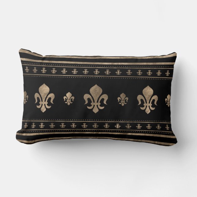 Fleur-de-lis Luxus-Ornament - Schwarz und Gold Lendenkissen (Vorderseite)