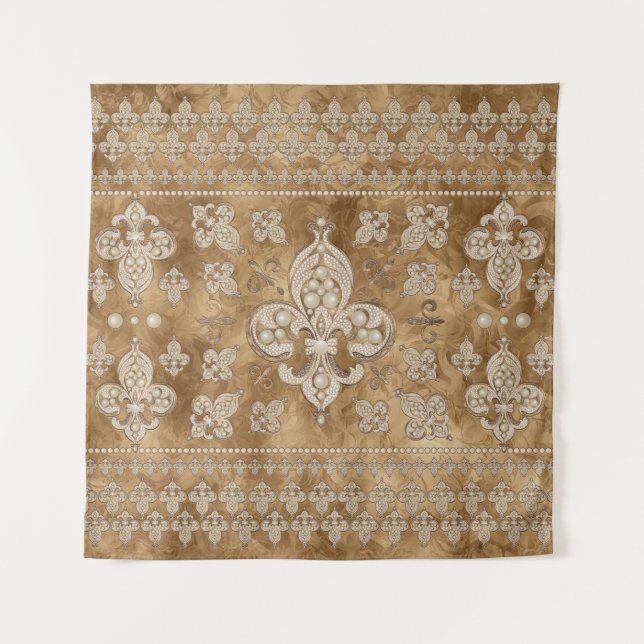 Fleur-de-lis Luxus Perle und Goldverzierungen Wandteppich (Vorderseite)