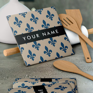 Fleur de Lis, Marineblau auf Beige, Royal, Ihr Nam Fliese