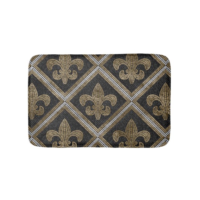 Fleur-de-lis-Mosaikfliesen Muster schwarz und gold Badematte (Vorderseite)