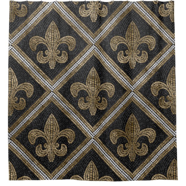 Fleur-de-lis-Mosaikfliesen Muster schwarz und gold Duschvorhang (Vorderseite)