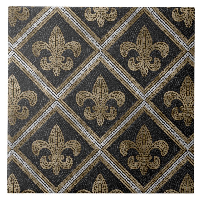 Fleur-de-lis-Mosaikfliesen Muster schwarz und gold Fliese (Vorderseite)