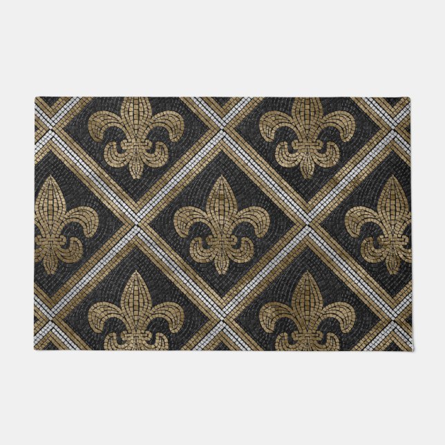 Fleur-de-lis-Mosaikfliesen Muster schwarz und gold Fußmatte (Vorderseite)