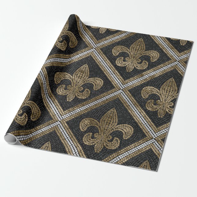 Fleur-de-lis-Mosaikfliesen Muster schwarz und gold Geschenkpapier (Ungerollt)