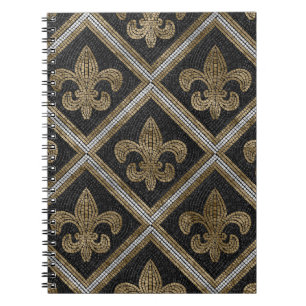 Fleur-de-lis-Mosaikfliesen Muster schwarz und gold Notizblock