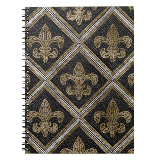 Fleur-de-lis-Mosaikfliesen Muster schwarz und gold Notizblock (Vorderseite)