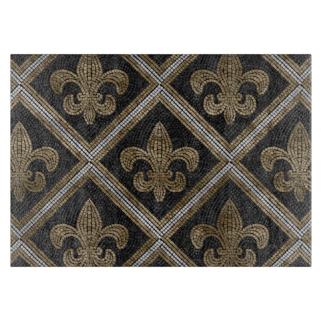 Fleur-de-lis-Mosaikfliesen Muster schwarz und gold Schneidebrett (Vorderseite)