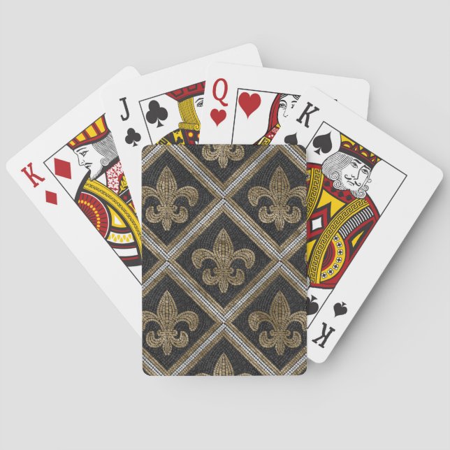 Fleur-de-lis-Mosaikfliesen Muster schwarz und gold Spielkarten (Rückseite)