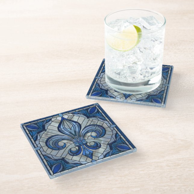 Fleur-de-lis - Mosaikkunst aus Glas Glasuntersetzer (Schrägansicht)