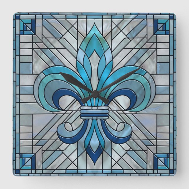 Fleur-de-lis - Mosaikkunst aus Glas Quadratische Wanduhr (Vorderseite)