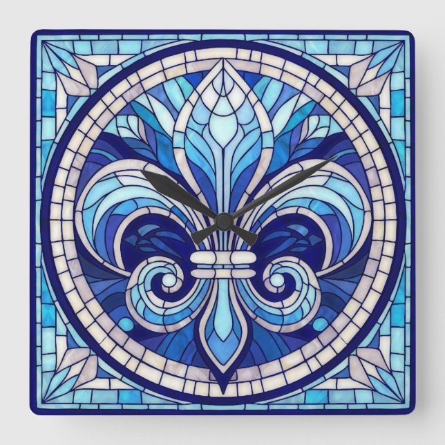 Fleur-de-lis - Mosaikkunst aus Glas Quadratische Wanduhr (Vorderseite)