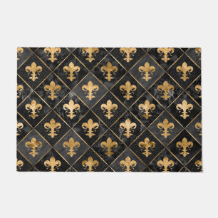 Fleur-de-lis-Muster Schwarzer Marmor und Gold Fußmatte