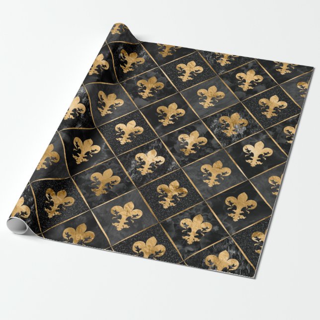 Fleur-de-lis-Muster Schwarzer Marmor und Gold Geschenkpapier (Ungerollt)