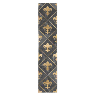 Fleur-de-lis-Muster Schwarzer Marmor und Gold Kurzer Tischläufer