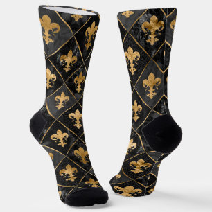 Fleur-de-lis-Muster Schwarzer Marmor und Gold Socken