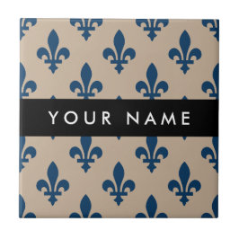 Fleur de Lis, Navy Blue on Beige, Royal, Your Name Fliese