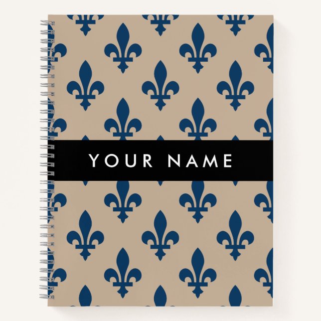 Fleur de Lis, Navy Blue on Beige, Royal, Your Name Notizbuch (Vorderseite)