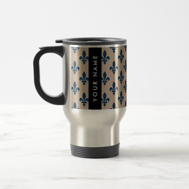 Fleur de Lis, Navy Blue on Beige, Royal, Your Name Reisebecher (Links)