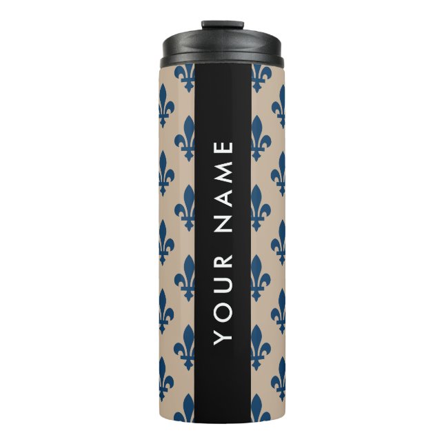 Fleur de Lis, Navy Blue on Beige, Royal, Your Name Thermosbecher (Vorderseite)