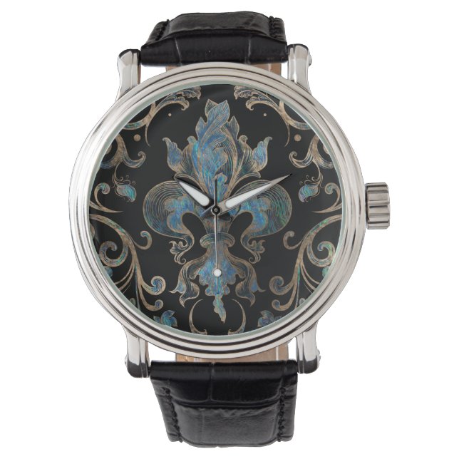 Fleur-de-lis-Ornament Abalone Muschel und Gold Armbanduhr (Vorderseite)