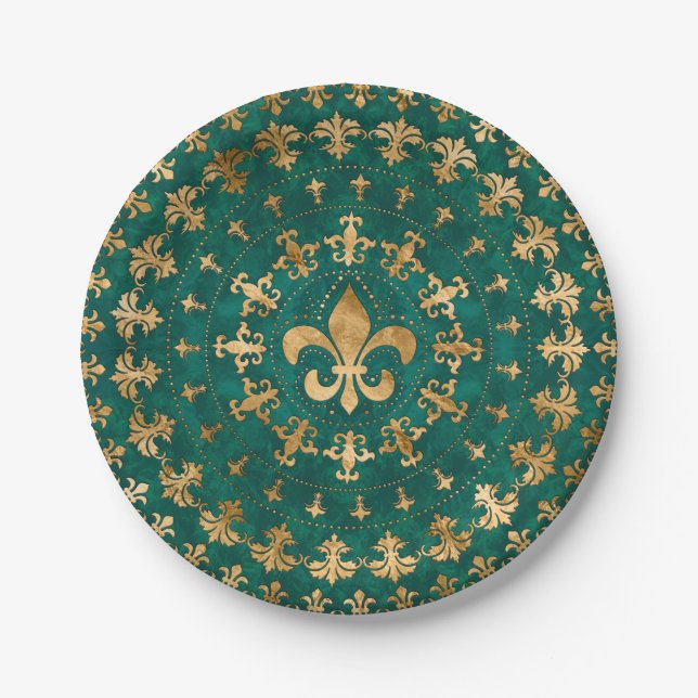 Fleur-de-lis-Ornament Emerald Green Pappteller (Vorderseite)