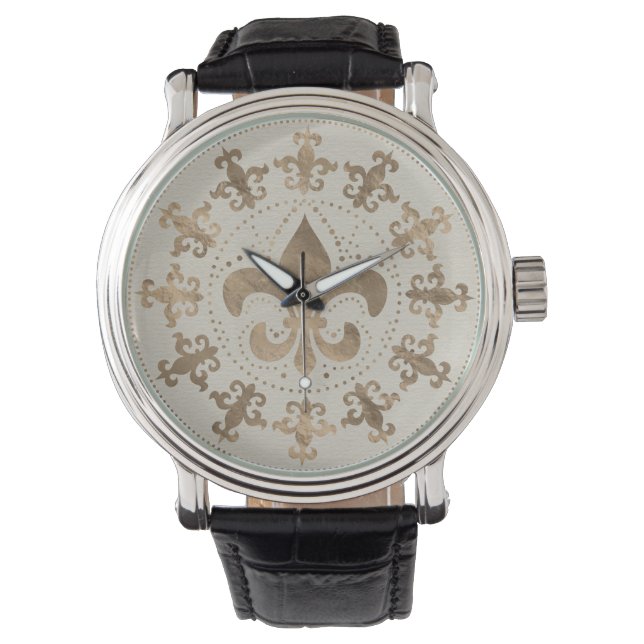 Fleur-de-lis-Ornament Pastel Gold Armbanduhr (Vorderseite)
