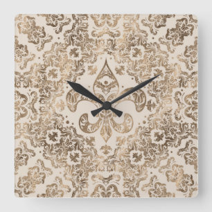 Fleur-de-lis-Ornament - Pastellgold Quadratische Wanduhr