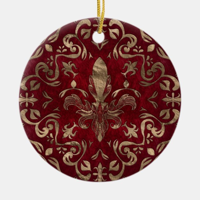 Fleur-de-lis-Ornament Rot und Gold Keramik Ornament (Vorne)