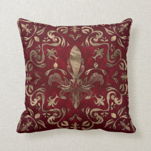 Fleur-de-lis-Ornament Rot und Gold Kissen
