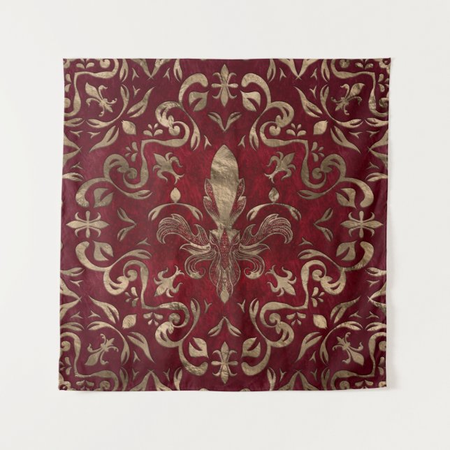 Fleur-de-lis-Ornament Rot und Gold Wandteppich (Vorderseite)