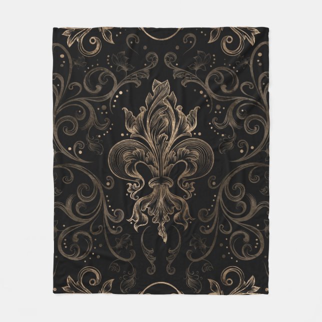 Fleur-de-lis-Ornament Schwarz und Gold Fleecedecke (Vorderseite)
