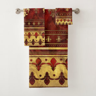 Fleur-de-lis Roter Marmor und Gold Badhandtuch Set