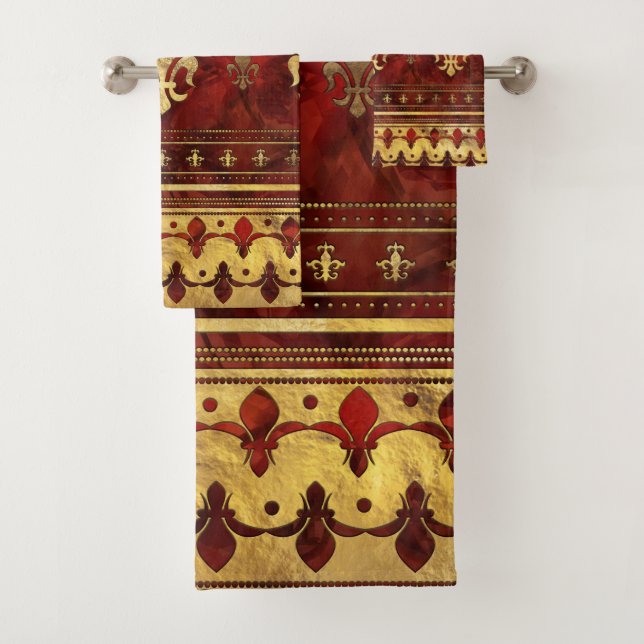 Fleur-de-lis Roter Marmor und Gold Badhandtuch Set (Insitu)