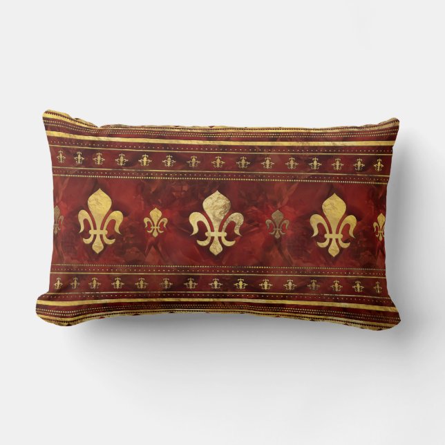 Fleur-de-lis Roter Marmor und Gold Lendenkissen (Vorderseite)