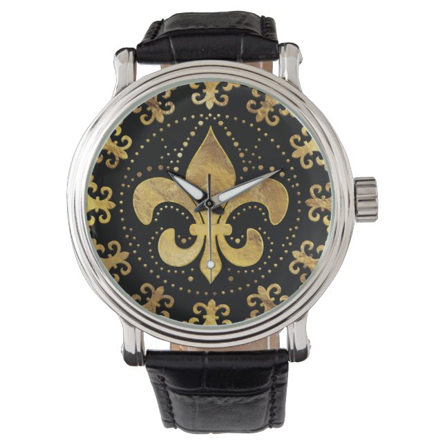 Fleur-de-lis - Rundschmuck - Gold und Schwarz Armbanduhr (Vorderseite)