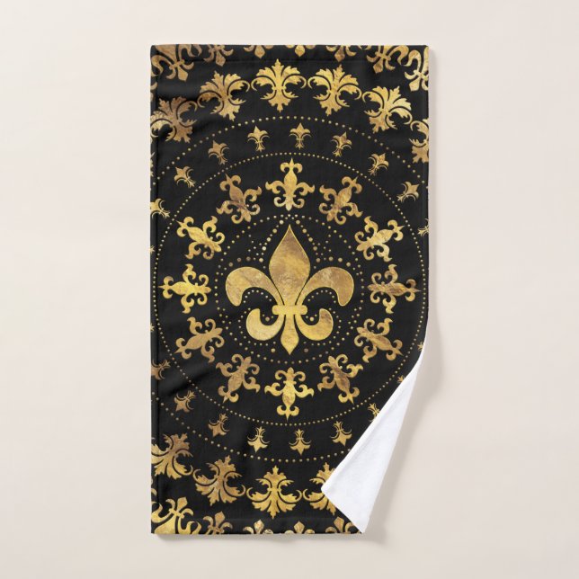 Fleur-de-lis - Rundschmuck - Gold und Schwarz Badhandtuch Set (Handtuch)