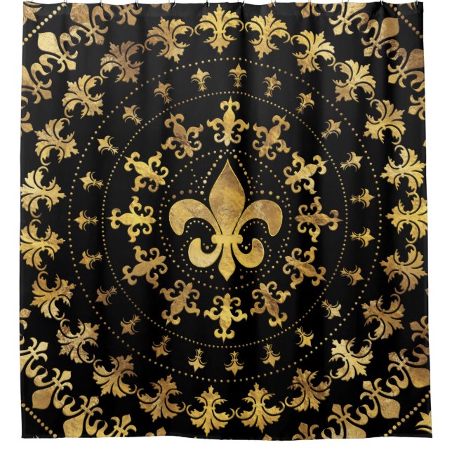 Fleur-de-lis - Rundschmuck - Gold und Schwarz Duschvorhang (Vorderseite)
