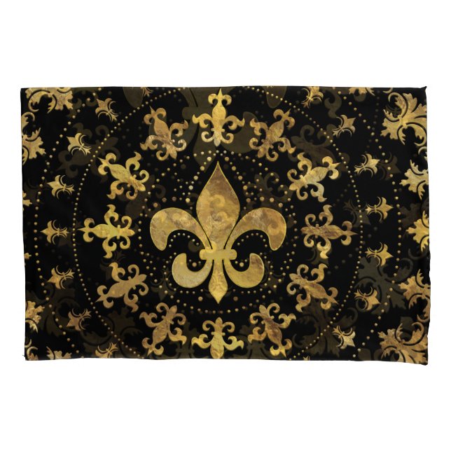 Fleur-de-lis - Rundschmuck - Gold und Schwarz Kissenbezug (Vorderseite)