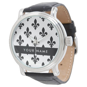 Fleur de Lis, Schwarz auf Weiß, Schwarz, Ihr Name Armbanduhr