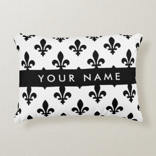 Fleur de Lis, Schwarz auf Weiß, Schwarz, Ihr Name Dekokissen