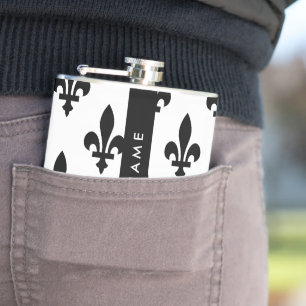 Fleur de Lis, Schwarz auf Weiß, Schwarz, Ihr Name Flachmann