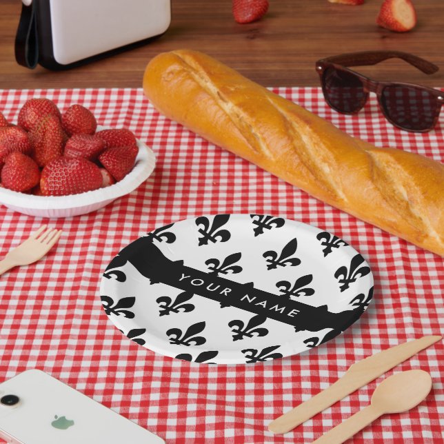 Fleur de Lis, Schwarz auf Weiß, Schwarz, Ihr Name Pappteller (Picknick)