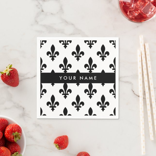 Fleur de Lis, Schwarz auf Weiß, Schwarz, Ihr Name Serviette (Beispiel)