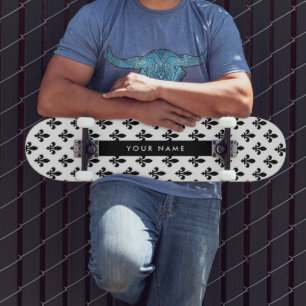 Fleur de Lis, Schwarz auf Weiß, Schwarz, Ihr Name Skateboard