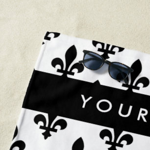 Fleur de Lis, Schwarz auf Weiß, Schwarz, Ihr Name Strandtuch